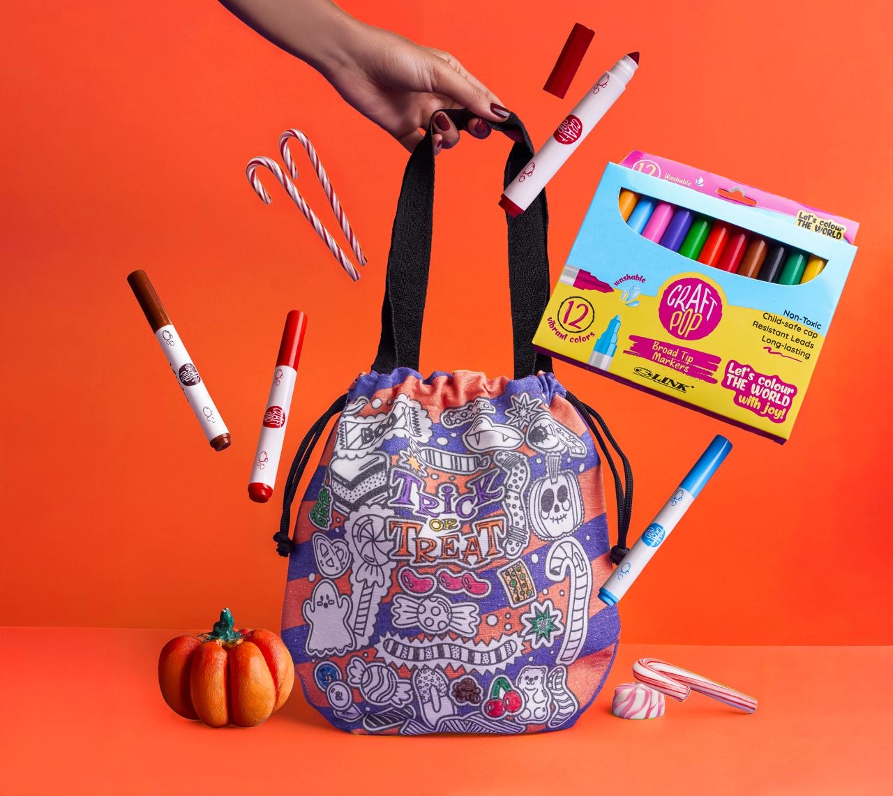Halloween trick or treat colouring pouch