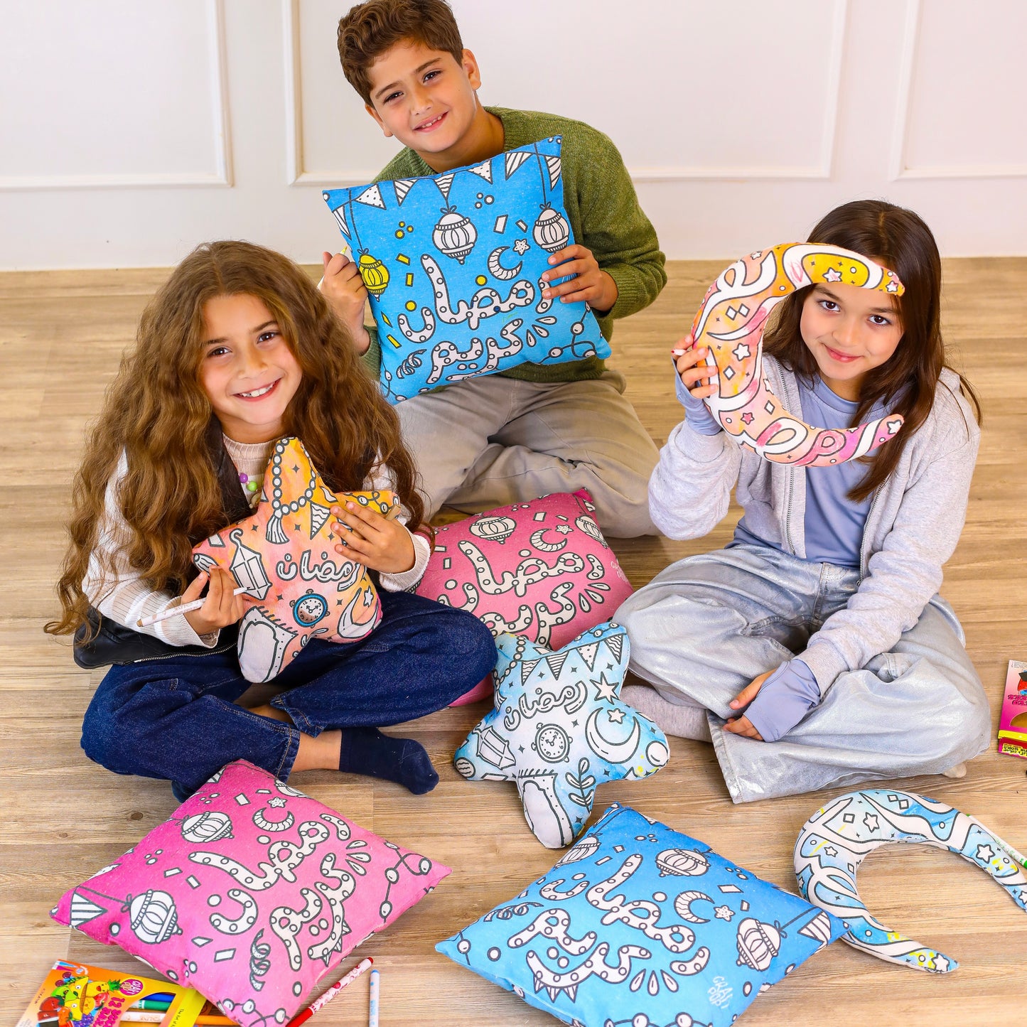 Blue Crescent & Star colouring cushion