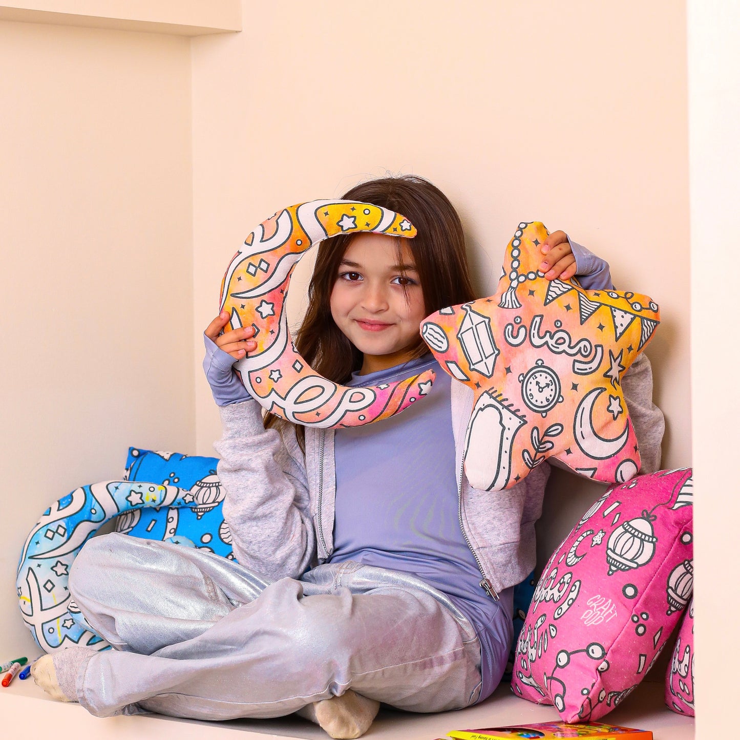 Pink Crescent & Star colouring cushion