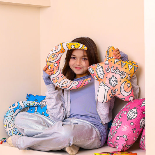Pink Crescent & Star colouring cushion