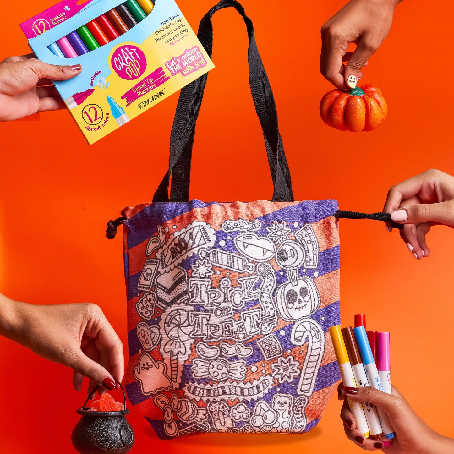 Halloween trick or treat colouring pouch