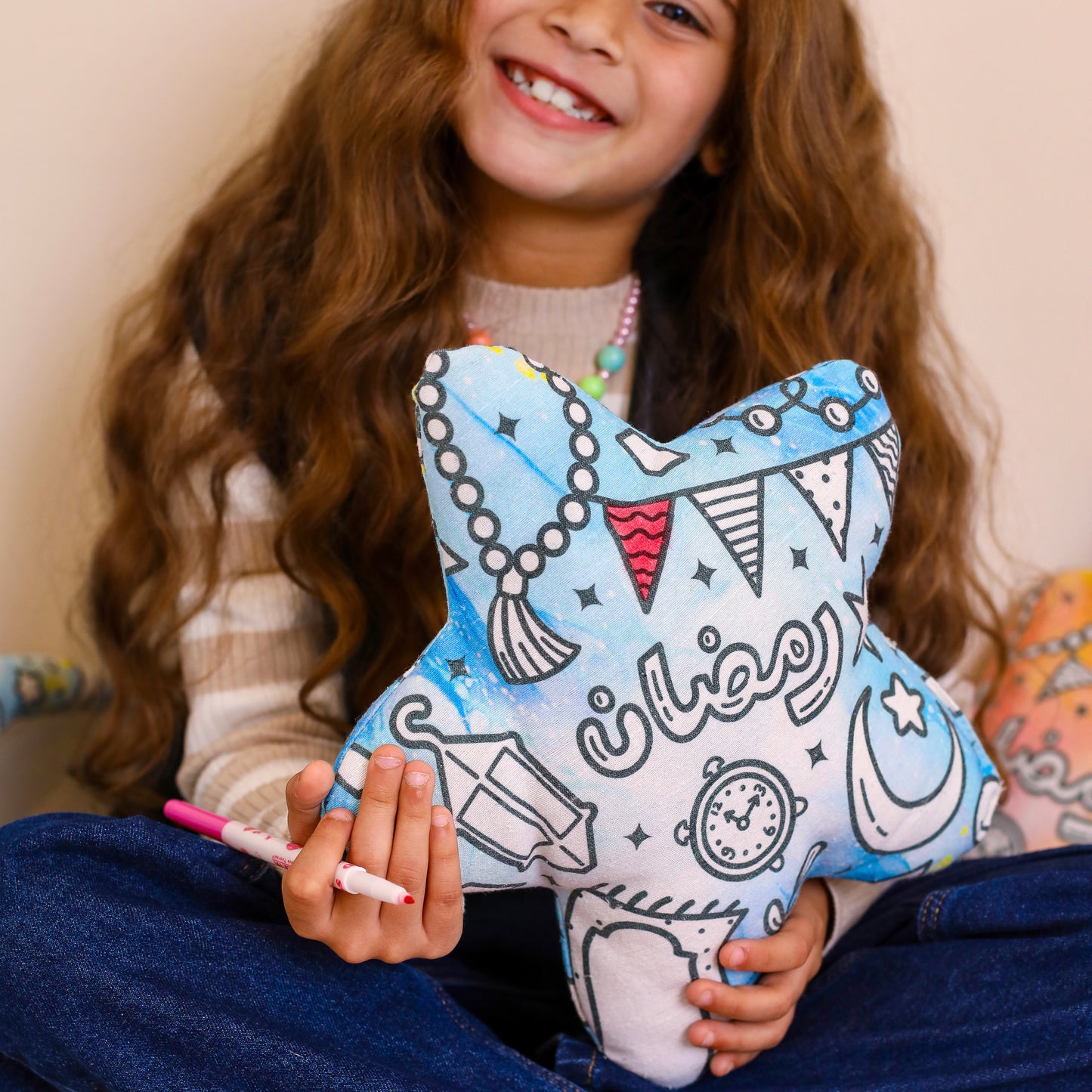 Blue Crescent & Star colouring cushion