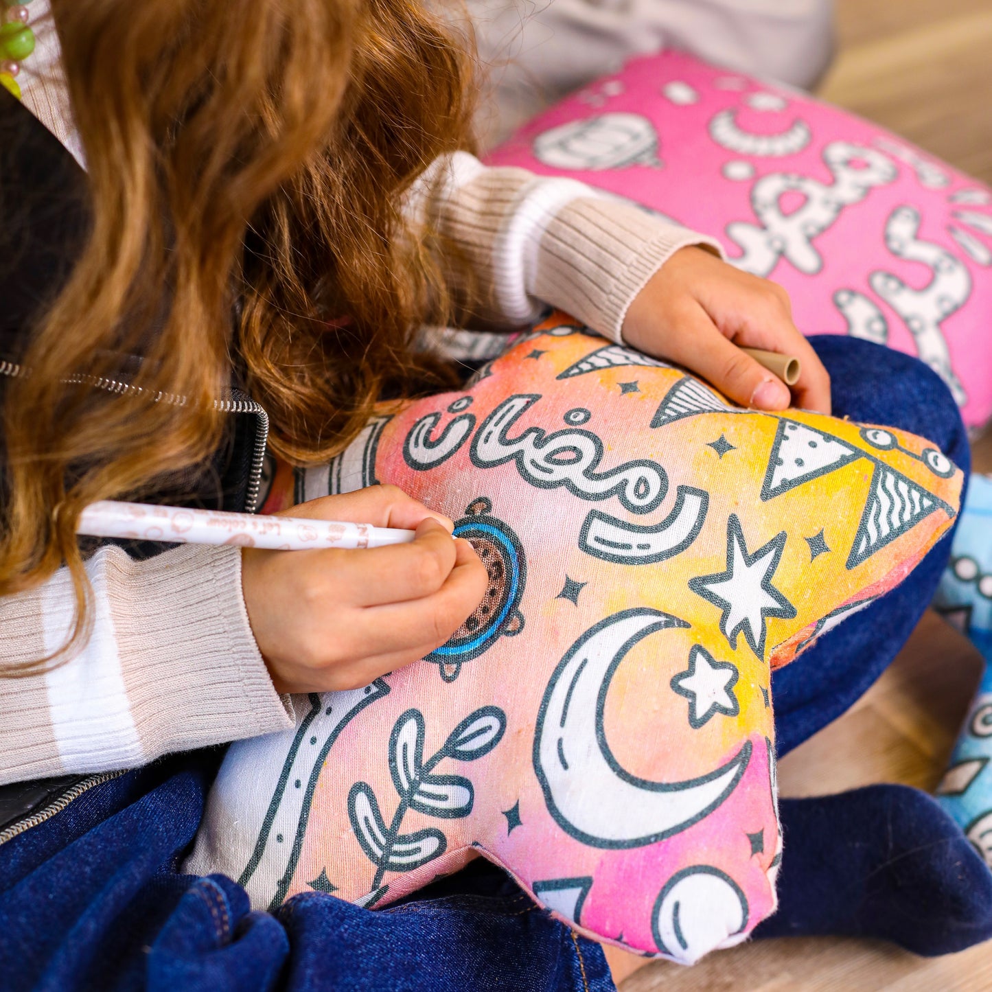 Pink Crescent & Star colouring cushion